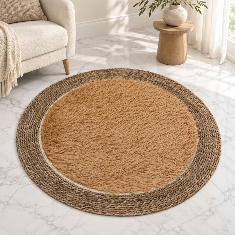 Tapis Rond Tressé 100 cm avec Centre Effet Fourrure