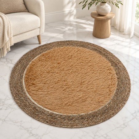 Tapis Rond Tressé 100 cm avec Centre Effet Fourrure