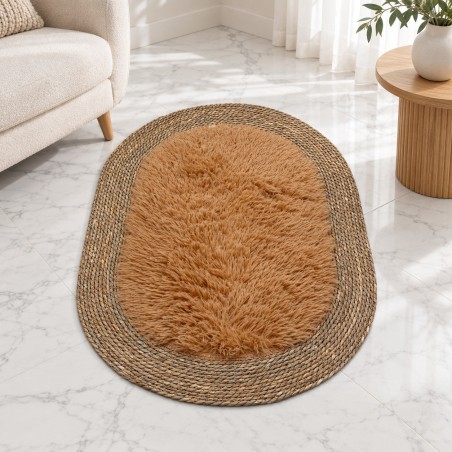 Tapis Ovale Tressé 100x70 cm avec Centre Effet Fourrure