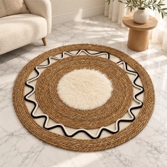 Tapis Rond Décoratif Ø 80 cmTressé avec Centre Effet Fourrure