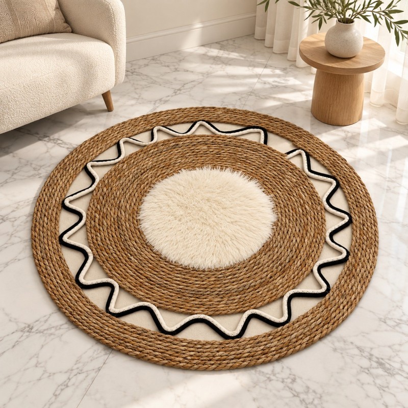 Tapis Rond Décoratif Ø 80 cmTressé avec Centre Effet Fourrure
