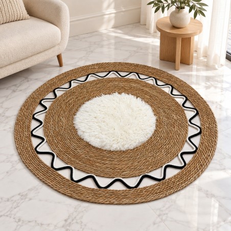 Tapis Rond Décoratif Ø 100 cmTressé avec Centre Effet Fourrure