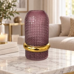 Vase Décoratif en Verre 25 cm Rose avec Anneau Doré
