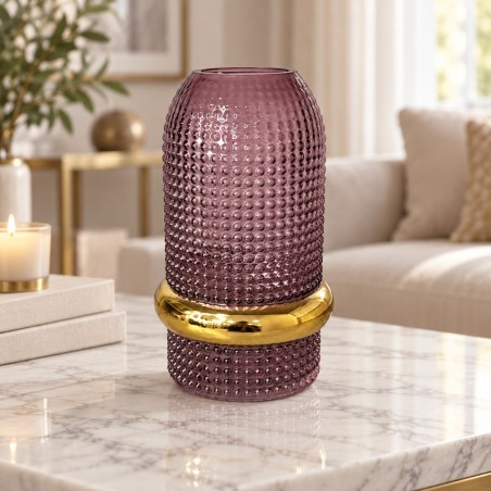 Vase Décoratif en Verre 25 cm Rose avec Anneau Doré