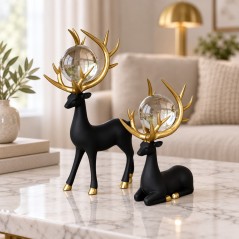 Set de 3 Statues Cerf Décoratives avec Boule – Noir et Doré