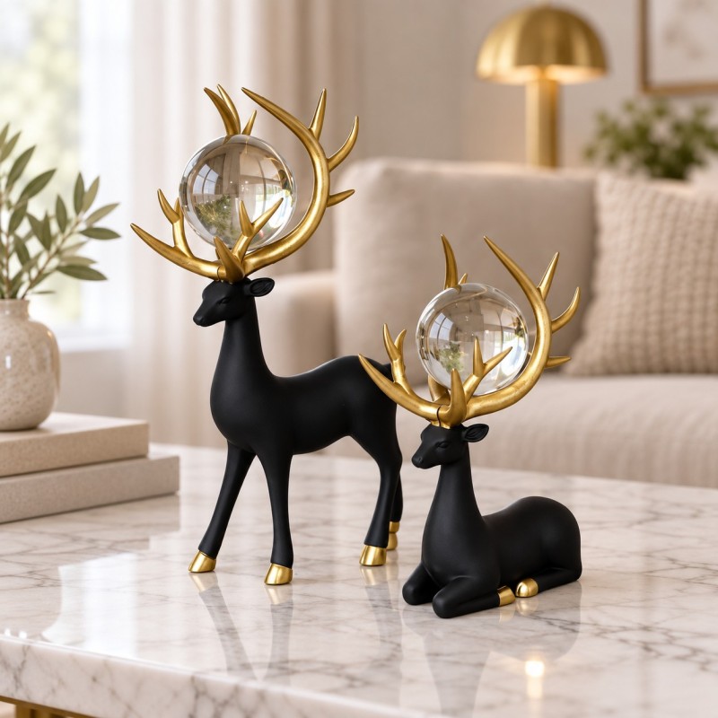 Set de 3 Statues Cerf Décoratives avec Boule – Noir et Doré