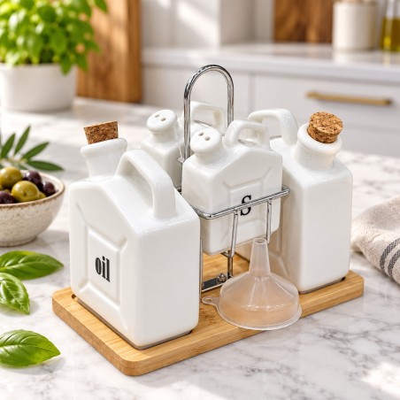 Set Huile, Vinaigre et Condiments en Céramique avec Support Métal