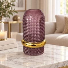 Vase Décoratif en Verre 25 cm Rose avec Anneau Doré