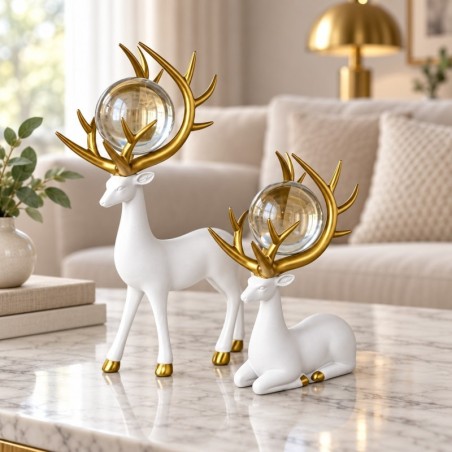 Set de 3 Statues Cerf Décoratives avec Boule – Noir et Doré