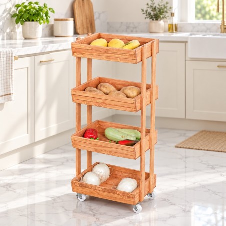 Étagère de Rangement en Bois 4 Niveaux avec Roues