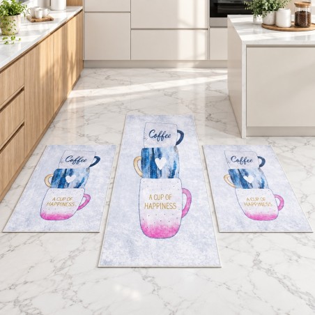 Set de 3 Tapis de Cuisine Antidérapants - Rose & Bleu