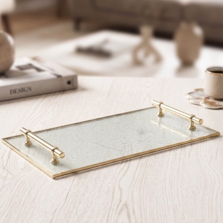 Plateau Rectangulaire en Verre 40 x 20 cm avec Poignées Dorées