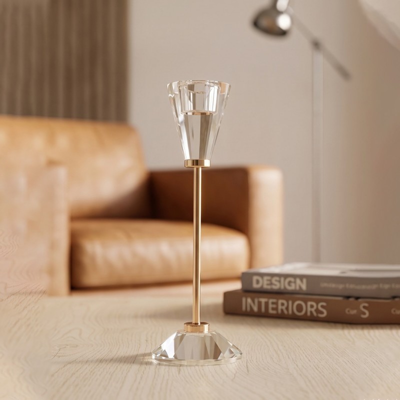 Porte-Bougie en Verre & Métal Doré 21 cm