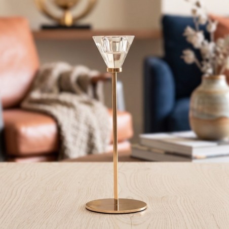 Porte-Bougie en Verre Cristal & Métal Doré 20 cm