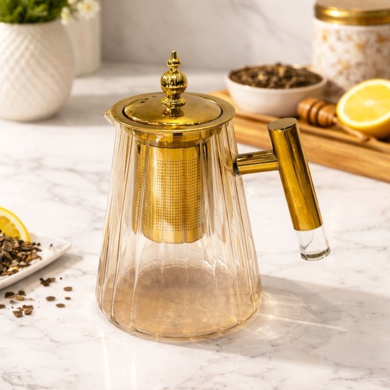 Théière en Verre 600 ml avec Couvercle Doré Théière en Verre 600 ml avec Couvercle Doré