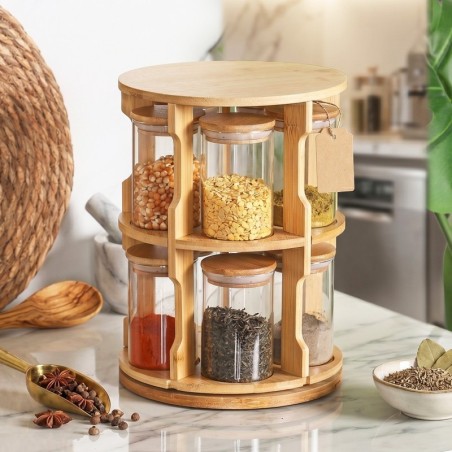 Set Porte-Épices 10 Pièces en Verre avec Support Rotatif en Bois - Cuisine