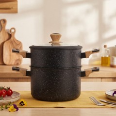 Couscoussier en Granite 24 cm avec Manches en Bois - Noir - Golden House