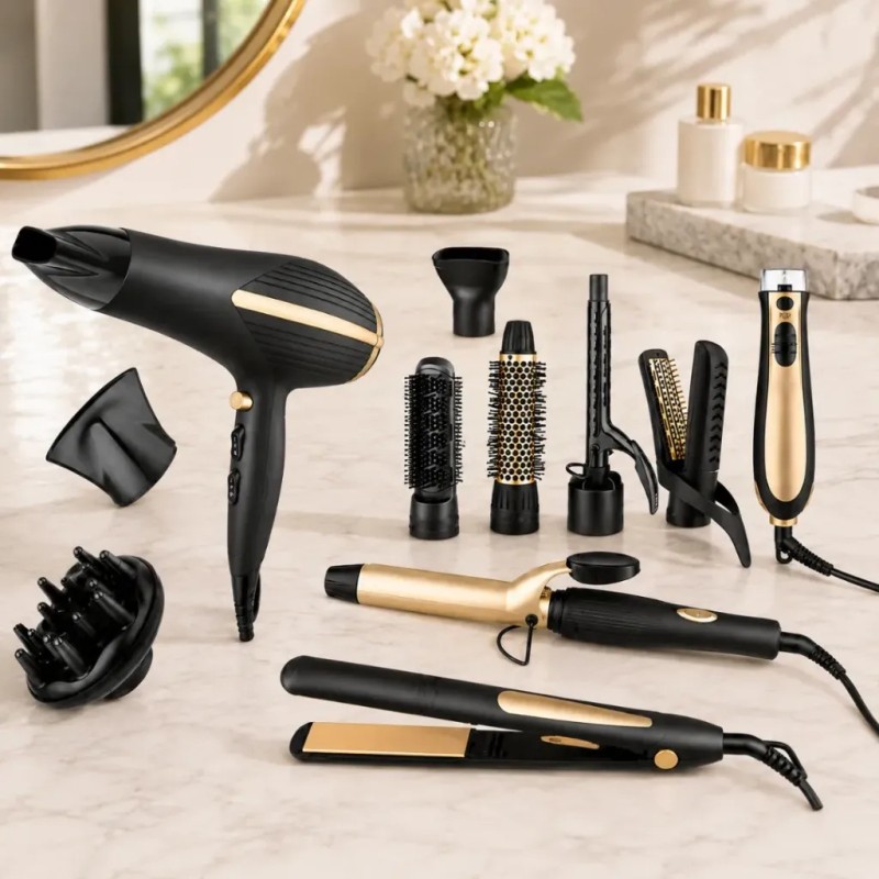 Coffret Cheveux 12en1 2200W Noir & Doré - Florence AG-535-S12