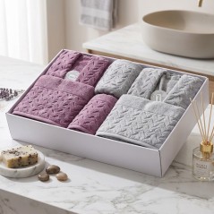 Cap de Bain Couple 6 Pièces en Coton Gris / Mauve - ABM