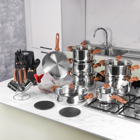 Batterie de Cuisine en Inox 18/10 43 Pièces Manches Effet Bois - Falez