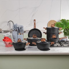 Batterie de Cuisine en Granite 37 Pièces Noir- Falez