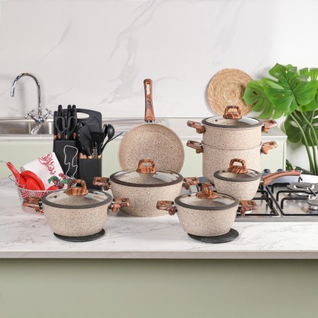 Batterie de Cuisine en Granite 37 Pièces Crème - Falez