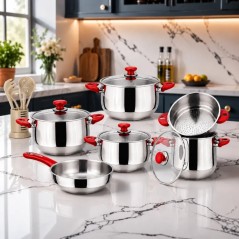 Batterie de Cuisine Inox 18/10 - 17 Pièces Rouge - Sizar