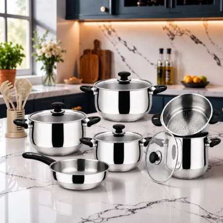 Batterie de Cuisine Inox 18/10 - 17 Pièces Noir - Sizar