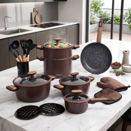 Batterie de Cuisine Granite 21 Pièces Marron - Sizar