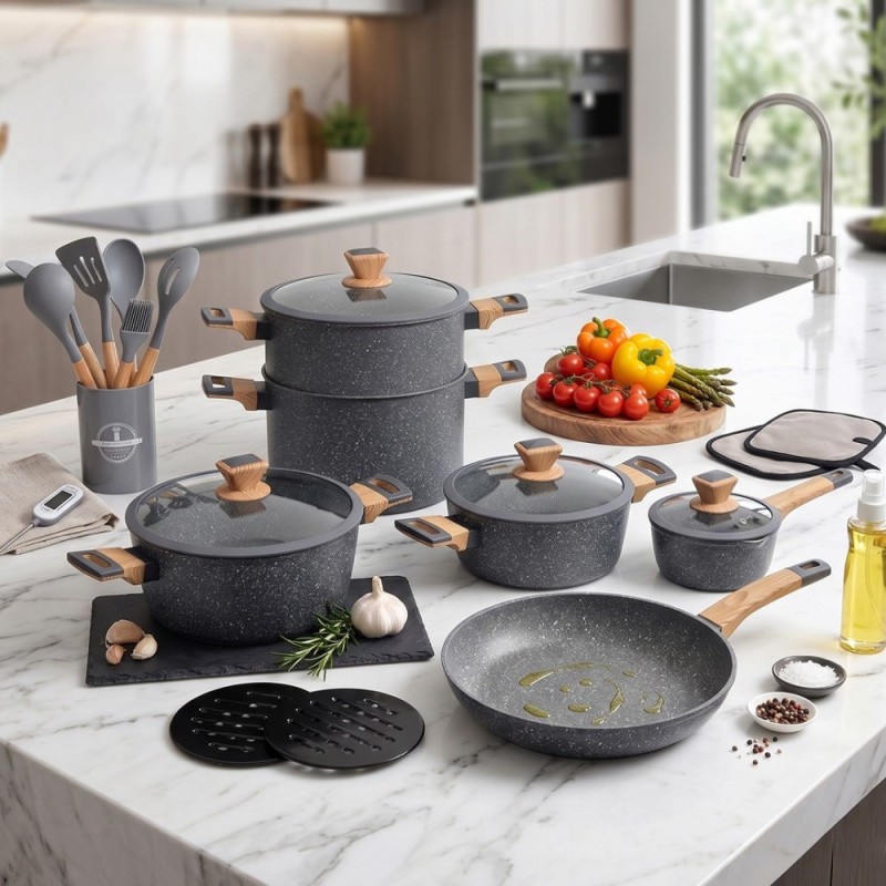 Batterie de Cuisine Granite 21 Pièces Gris - Sizar Batterie de Cuisine Granite 21 Pièces Gris - Sizar