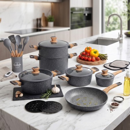 Batterie de Cuisine Granite 21 Pièces Gris - Sizar