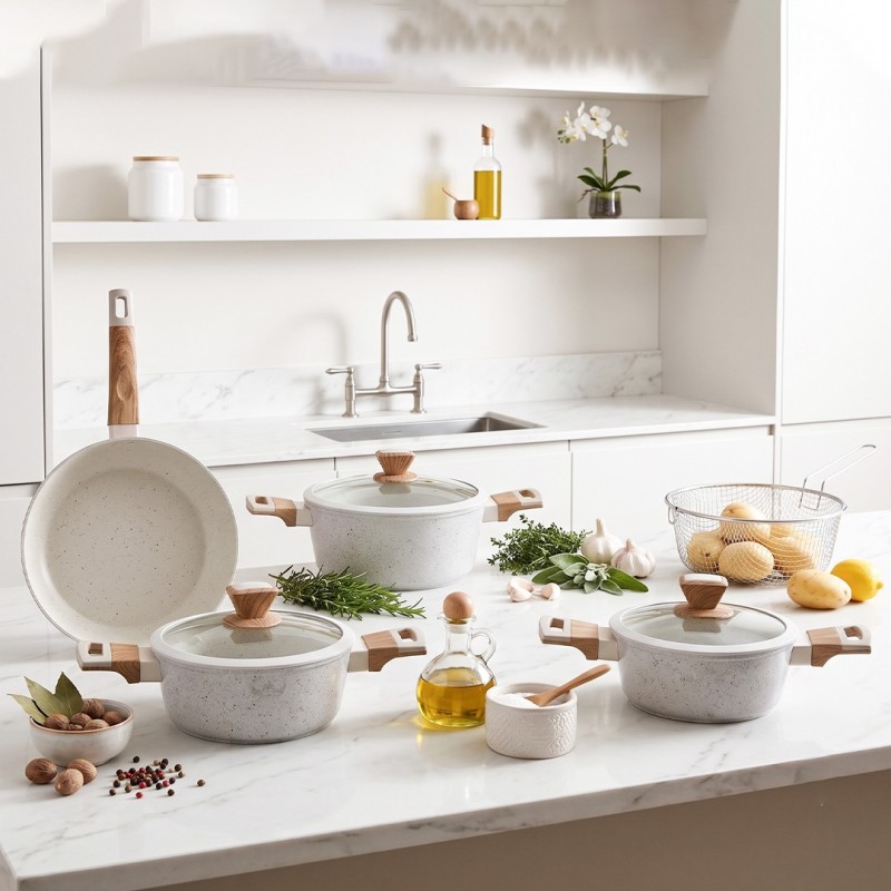 Batterie de Cuisine Granite 10 Pièces Blanc - Sizar