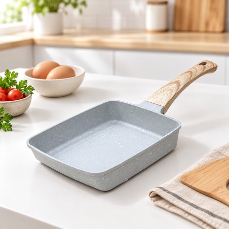 Poêle Rectangulaire en Granite 15×18 cm avec Manche Effet Bois