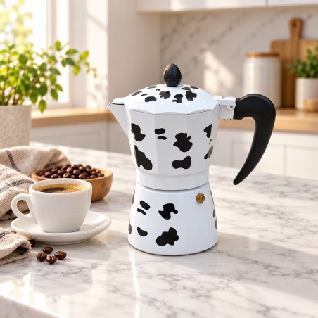 Cafetière Italienne Moka en Aluminium 6 Tasses – Design Vache