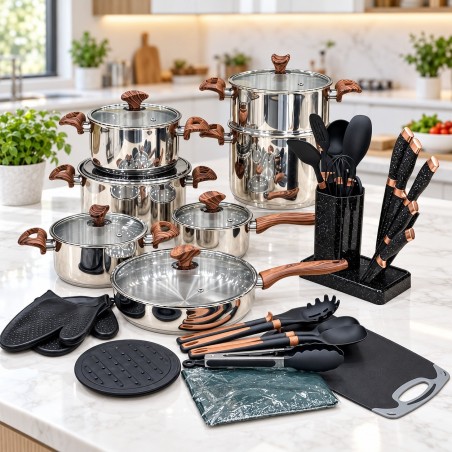 Batterie de Cuisine 37 Pièces en Inox 18/10 Bois - Falez