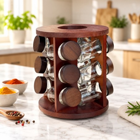 Porte-Épices Cylindrique Finition Bois avec 12 Bocaux