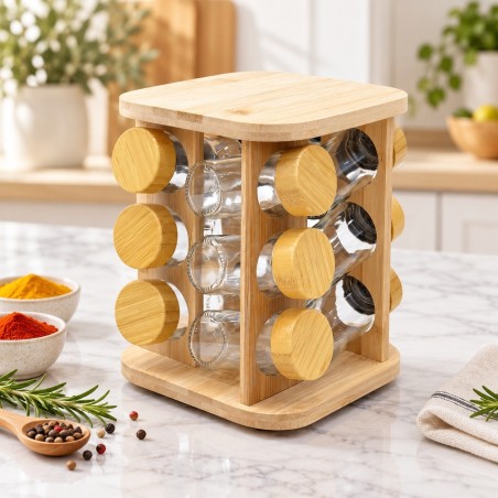 Porte-Épices Vertical Finition Bambou avec 12 Bocaux