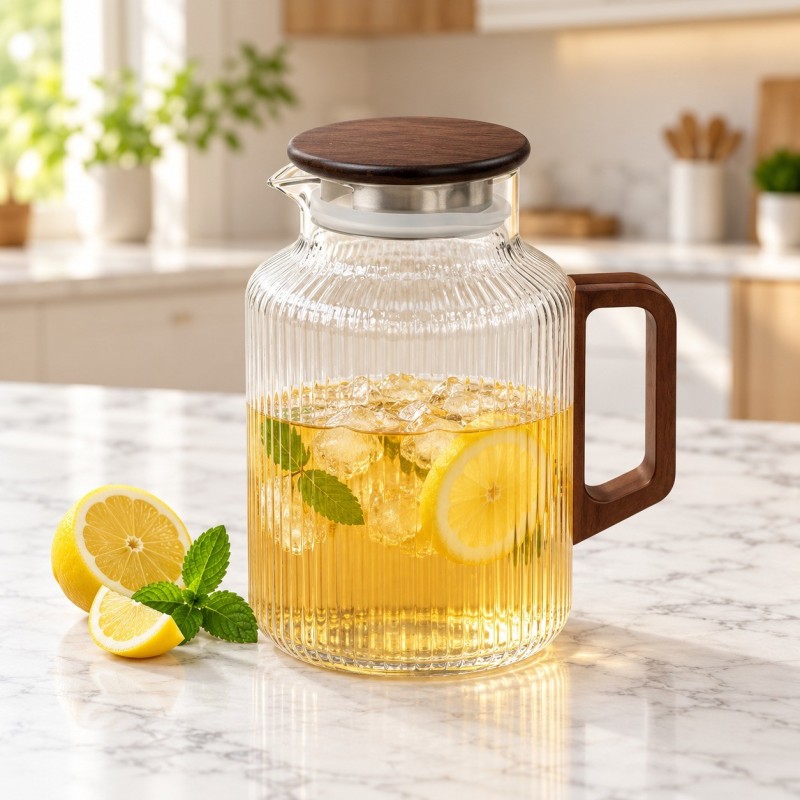 Carafe à Eau en Verre Strié avec Poignée Rectangulaire