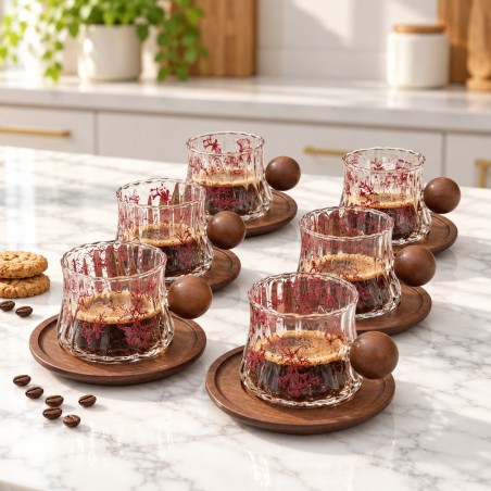 Service à café en verre strié à décor floral 12 pièces