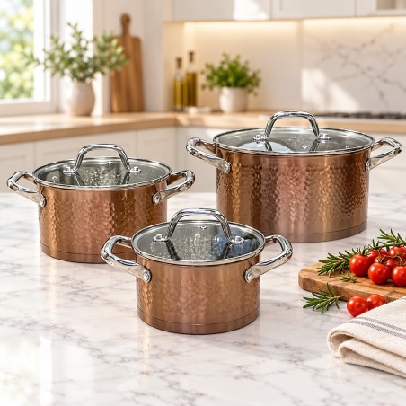 Service de Cuisson 6 Pièces en Inox Martelé Effet Cuivré