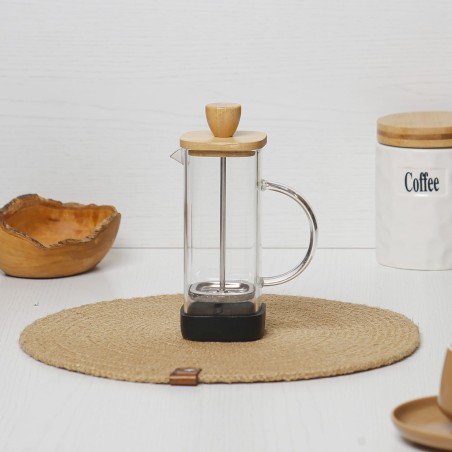 Cafetière à Piston 400ML en Verre avec Couvercle en Bois