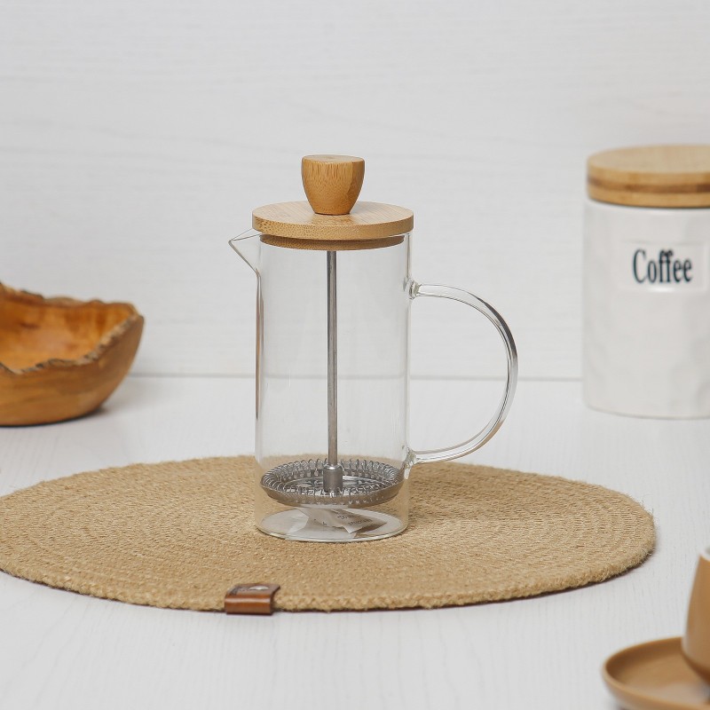 Cafetière à Piston 350ML en Verre avec Couvercle en Bois