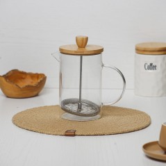 Cafetière à Piston 900ML en Verre avec Couvercle en Bois