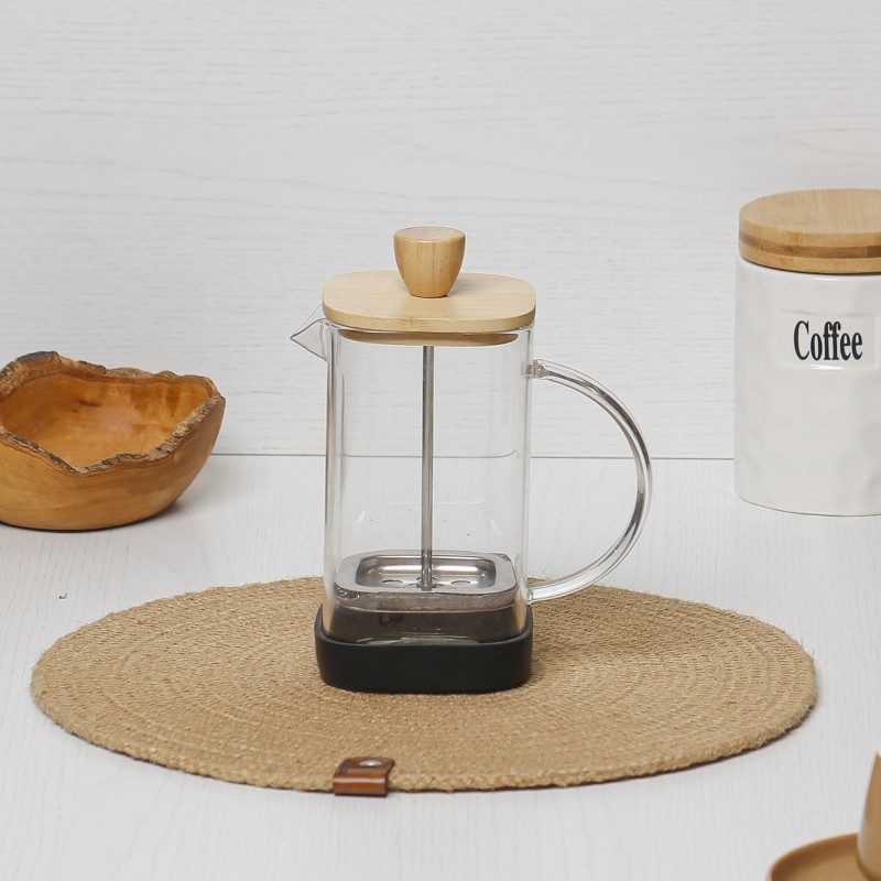 Cafetière à Piston 800ML en Verre avec Couvercle en Bois