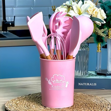 Set de 12 Ustensiles de Cuisine en Silicone avec Poignée en Bois - Rose