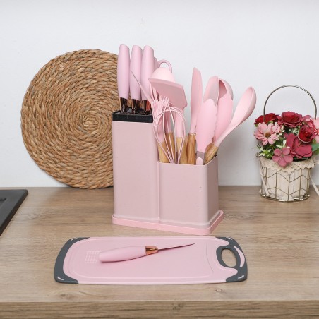 Set d'ustensiles de cuisine 19 pièces en silicone - Rose