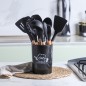 Set de 12 Ustensiles de Cuisine en Silicone avec Poignée en Bois - Noir