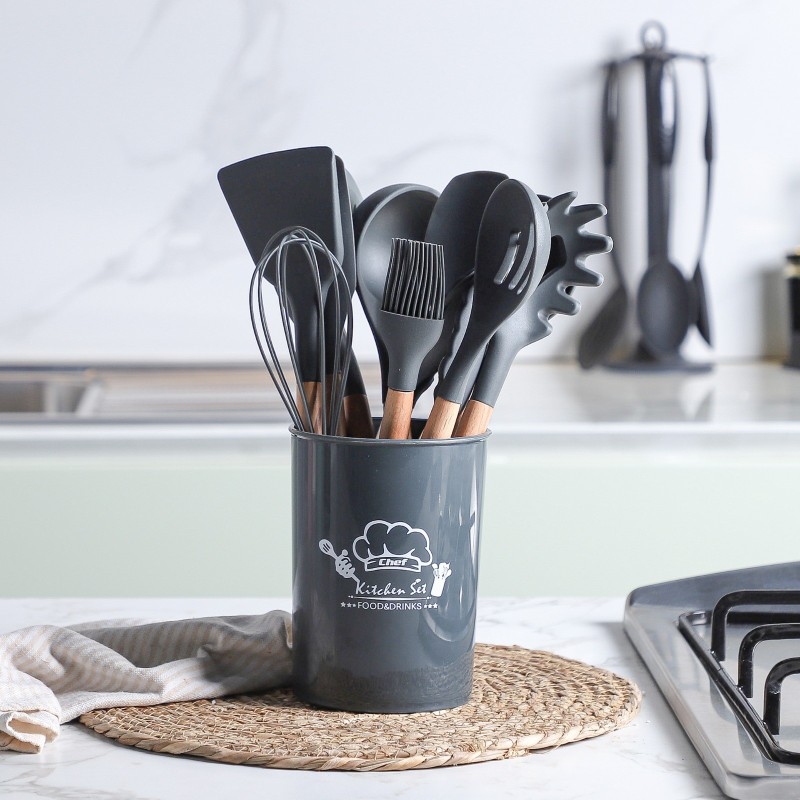 Set de 12 Ustensiles de Cuisine en Silicone avec Poignée en Bois - Gris