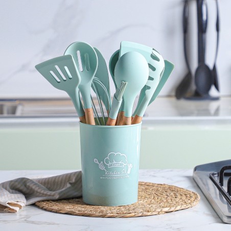 Set de 12 Ustensiles de Cuisine en Silicone avec Poignée en Bois - Vert