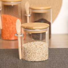 Porte Épices en Verre 500ML avec Couvercle en Bois et Cuillère